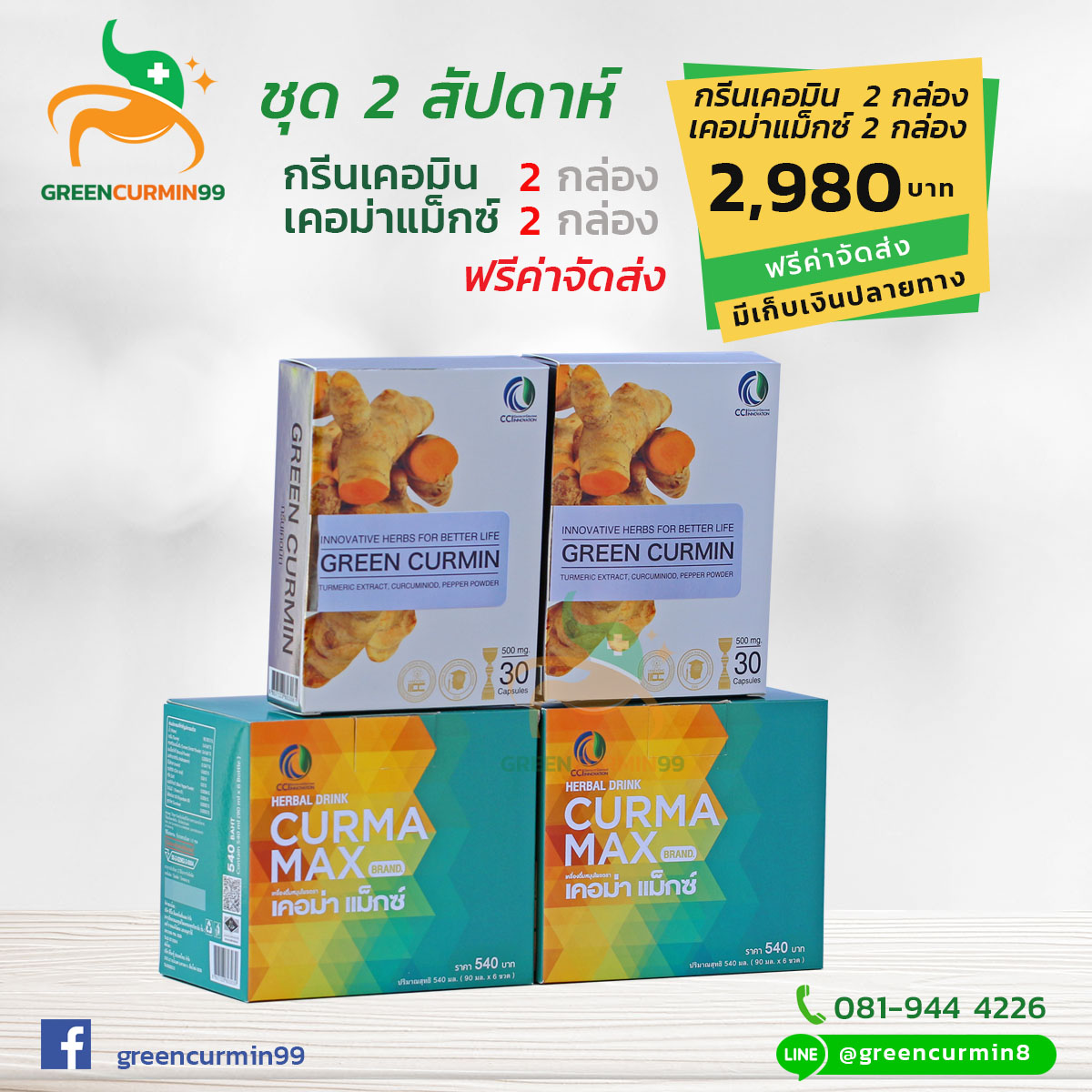 กรีนเคอมิน GreenCurmin เคอม่าแม็กซ์ CurmaMax ขมิ้นชัน ลดอาการโรคกรดไหลย้อน ชุด 2 สัปดาห์