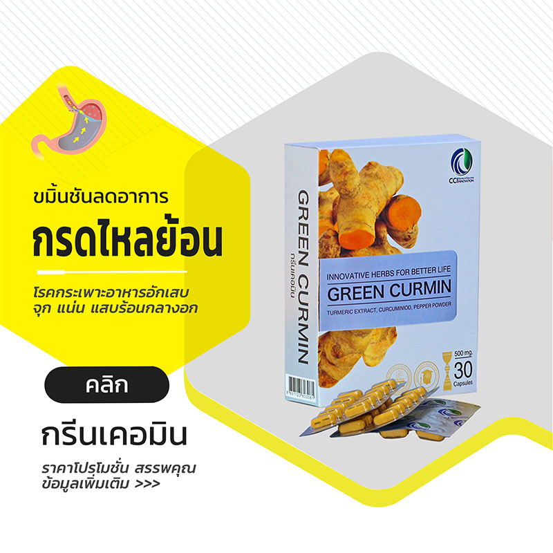 กรีนเคอมิน GreenCurmin ขมิ้นชัน บรรเทาอาการโรคกรดไหลย้อน กระเพาะอาหารอักเสบ